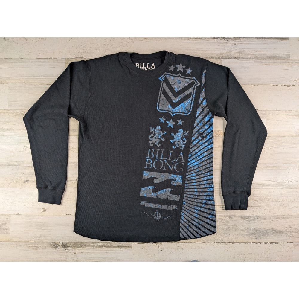 Vintage Y2K Billabong Mens XL Lions Waffle Knit Thermal Long Sleeve Shirt Black